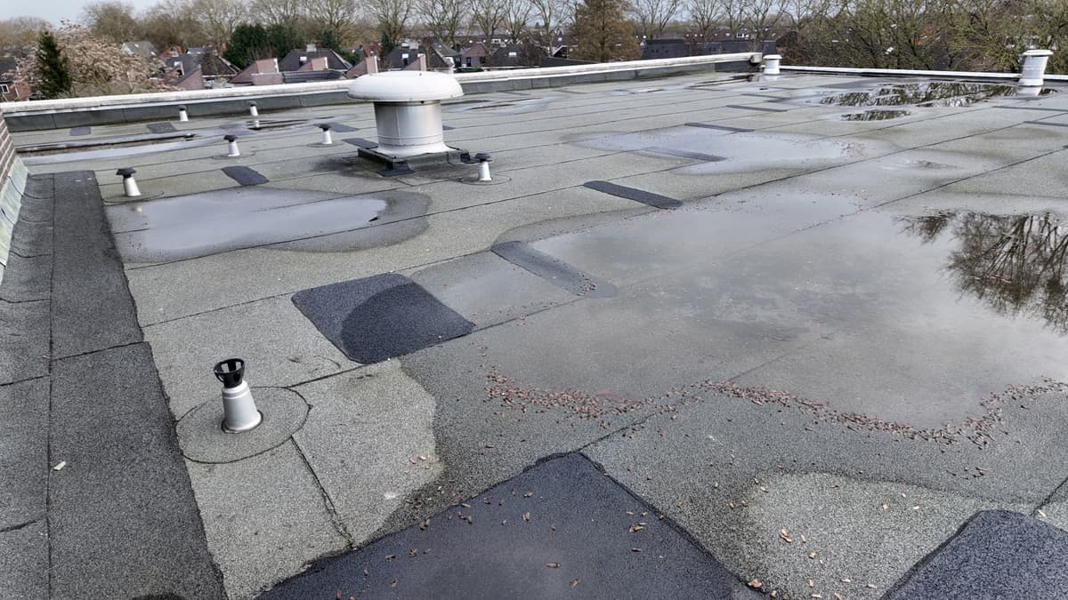 Gelapt plat dak met plassen water
